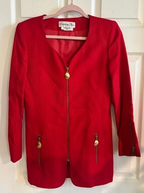 LIKE NEW CHRISTIAN DIOR Vintage Red Zip Up Blazer With Gold Detail Size 4
